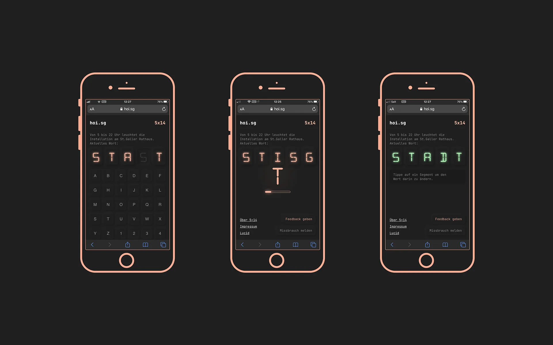 Drei Mockups der Smartphone-Darstellung der Webseite zur Installation 5x14.