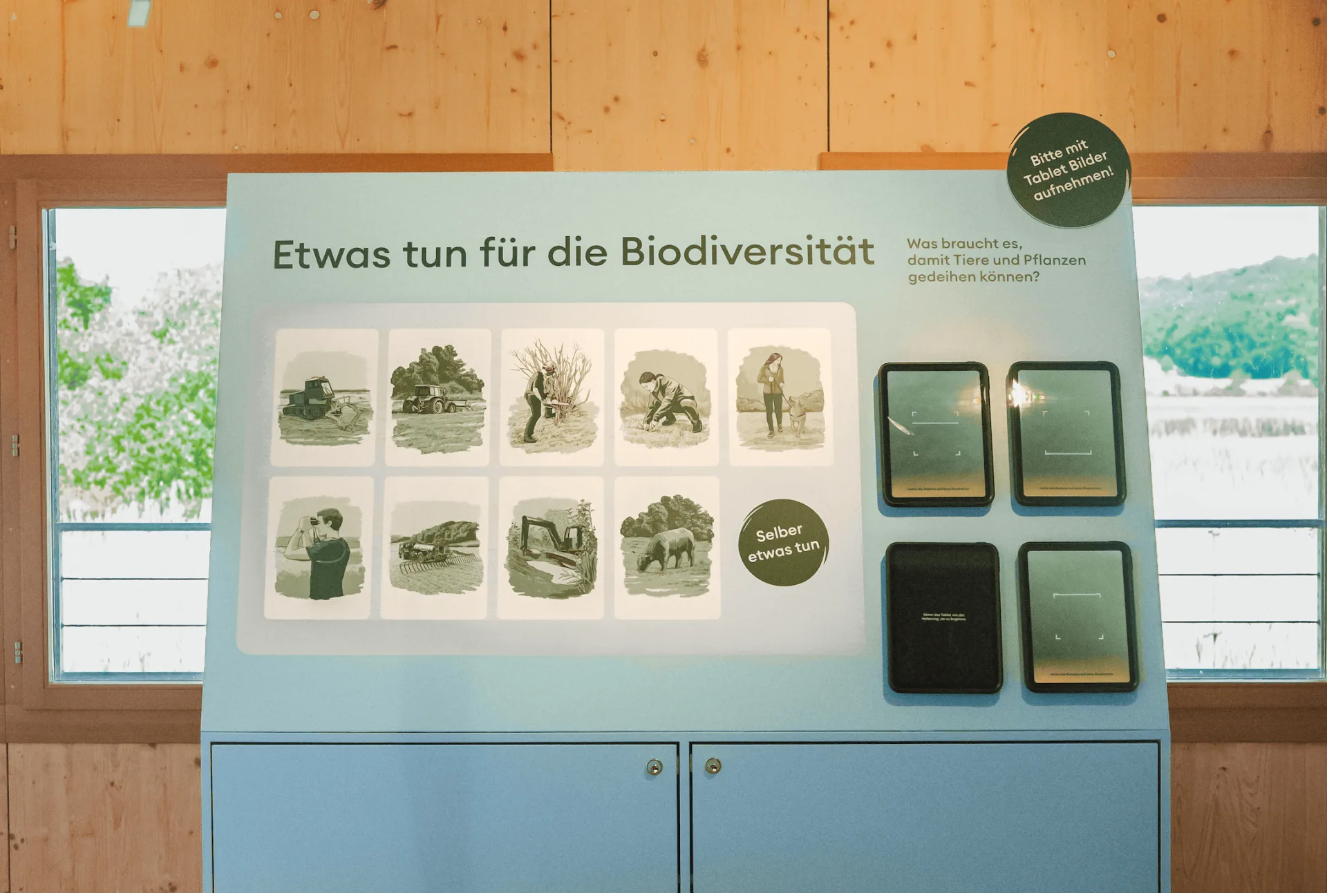 Interaktive Ausstellungsstation mit dem Titel «Etwas tun für die Biodiversität»