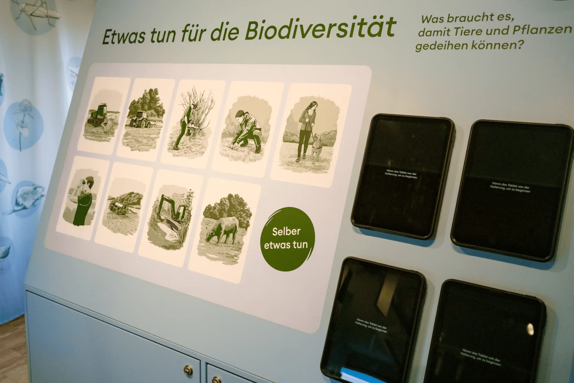 Interaktive Ausstellungsstation mit dem Titel «Etwas tun für die Biodiversität»