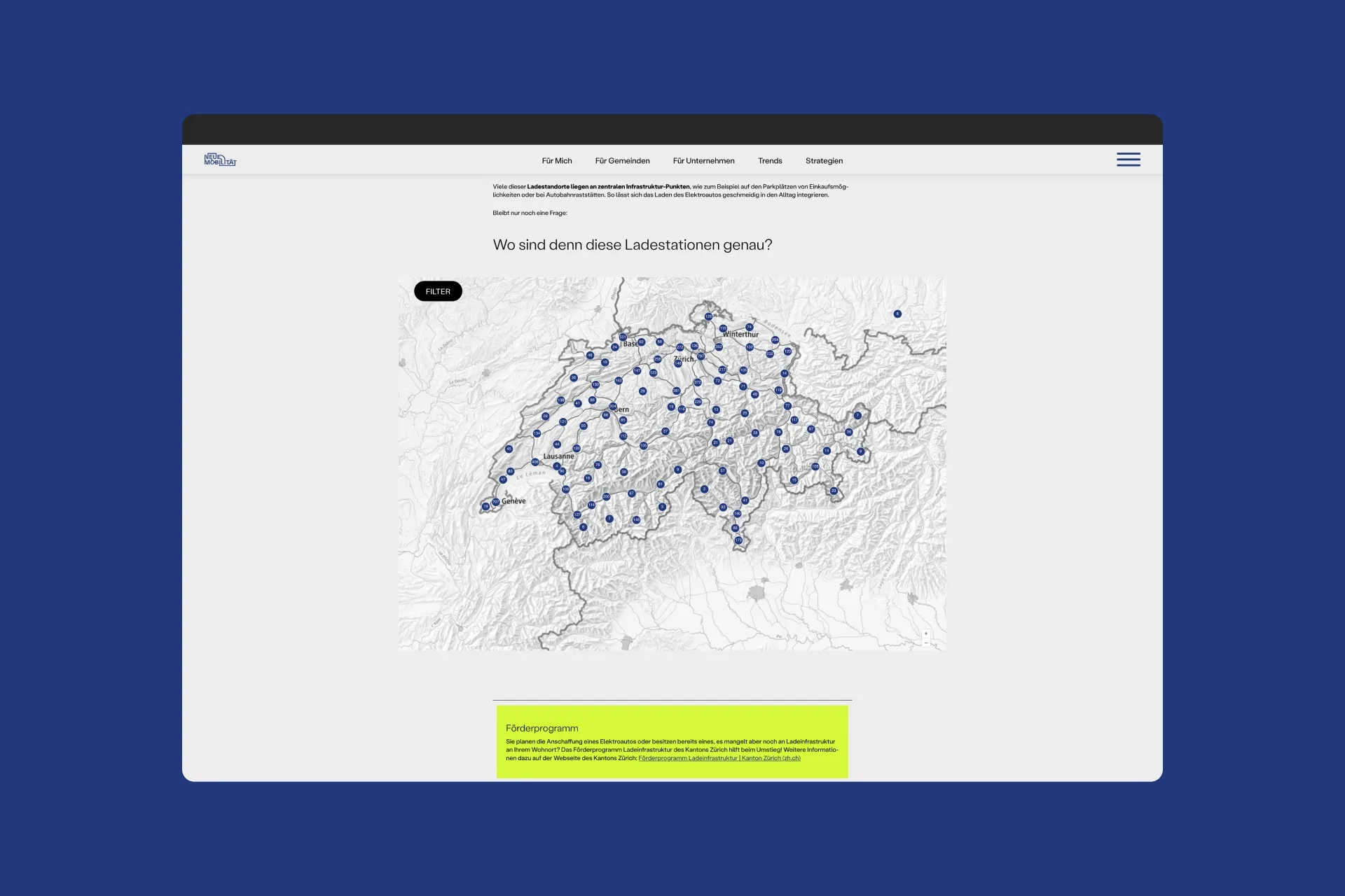 Karte aller Ladestationen der Schweiz – Webseite Neue Mobilität Zürich