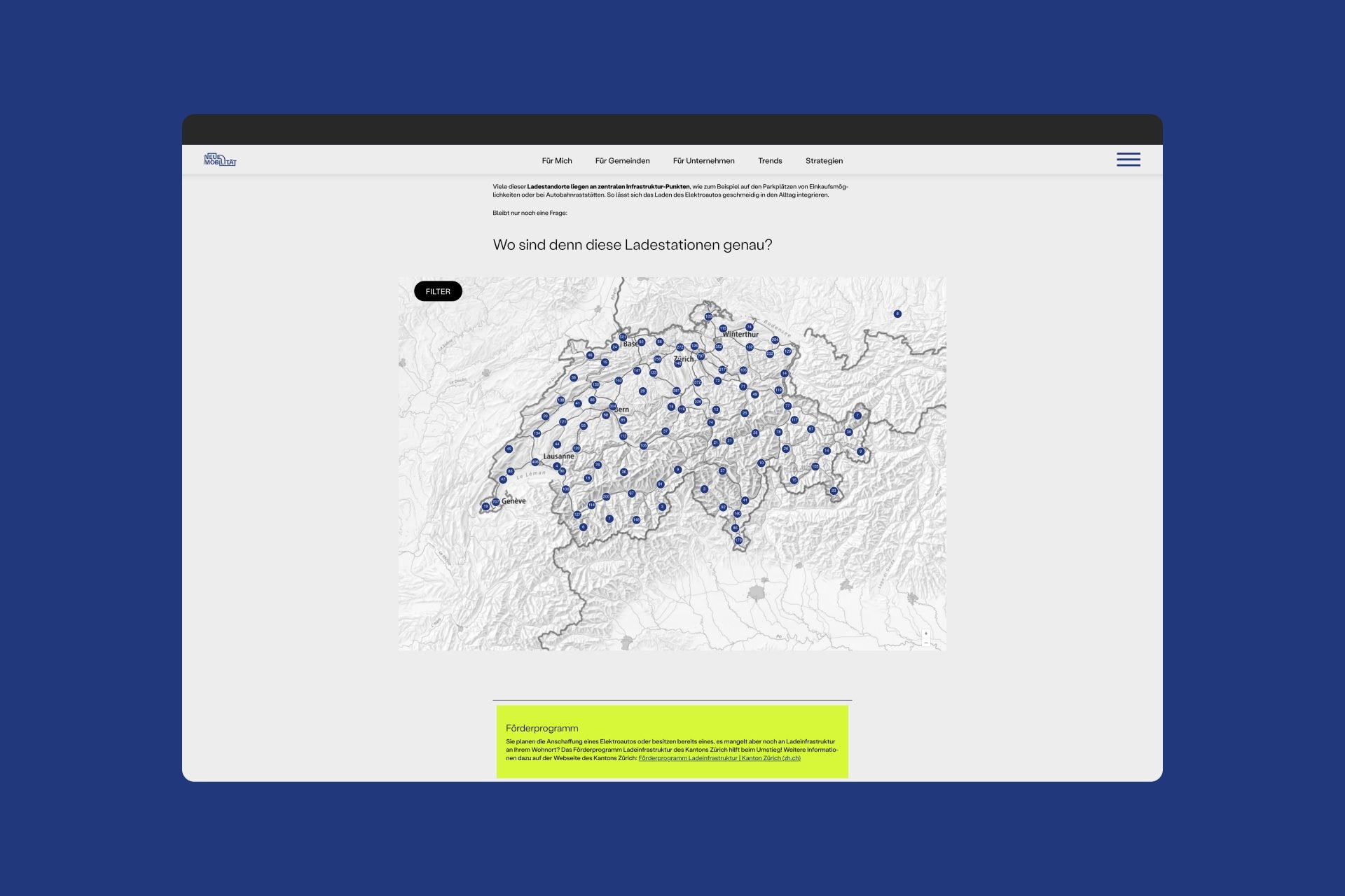 Karte aller Ladestationen der Schweiz – Webseite Neue Mobilität Zürich