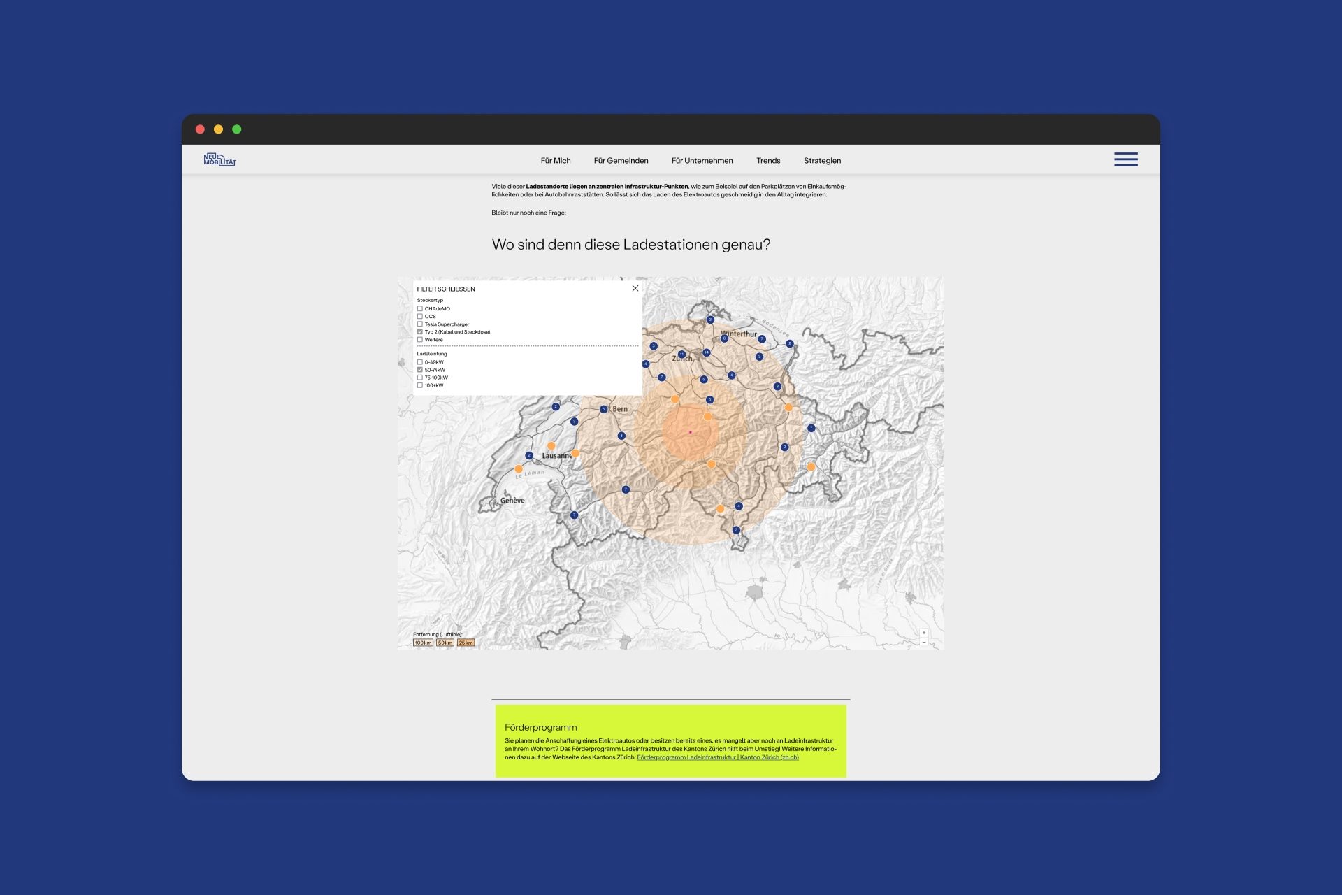 Karte aller Ladestationen der Schweiz – Webseite Neue Mobilität Zürich