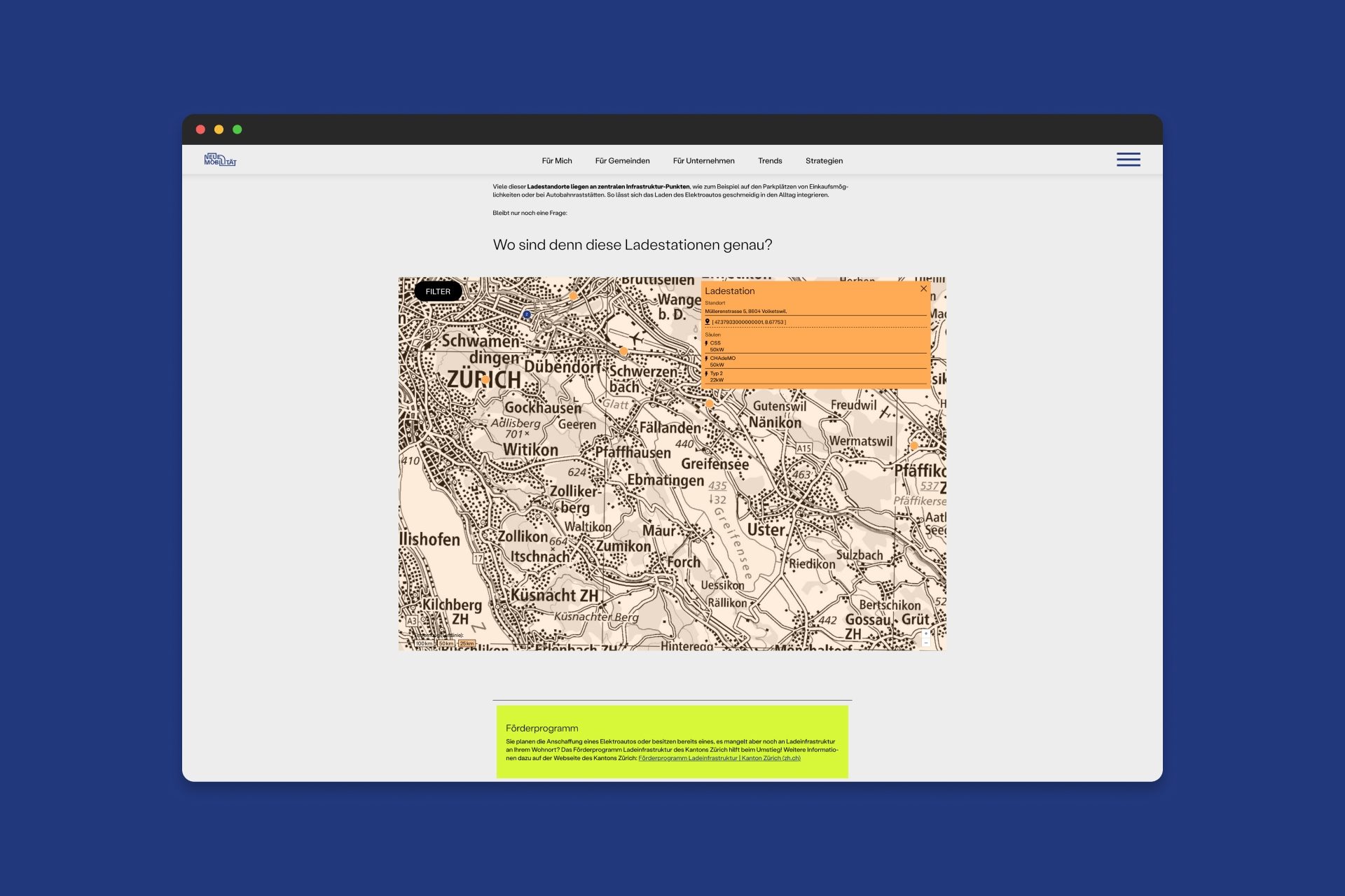 Karte aller Ladestationen der Schweiz – Webseite Neue Mobilität Zürich