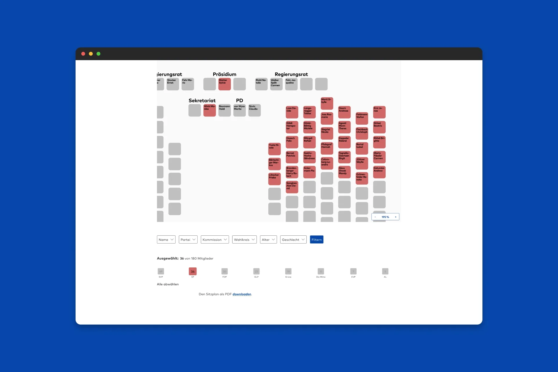 Filterung interaktiver Sitzplan Kantonsrat