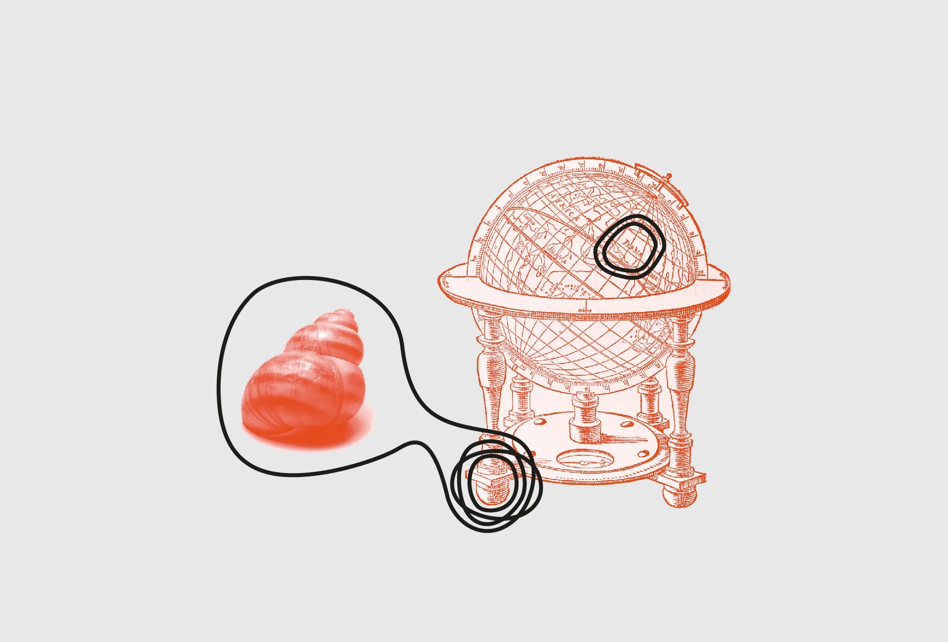 Grafik-Collage mit einem Globus, einem Schneckenhaus und Linien.