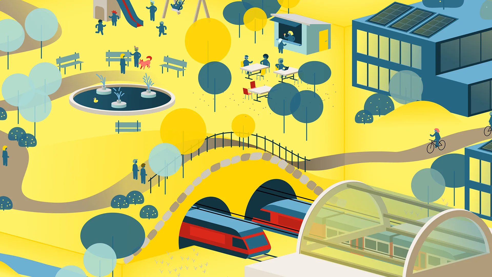 Auschnitt aus einer illustrierten Stadt: Park und Bahnhof